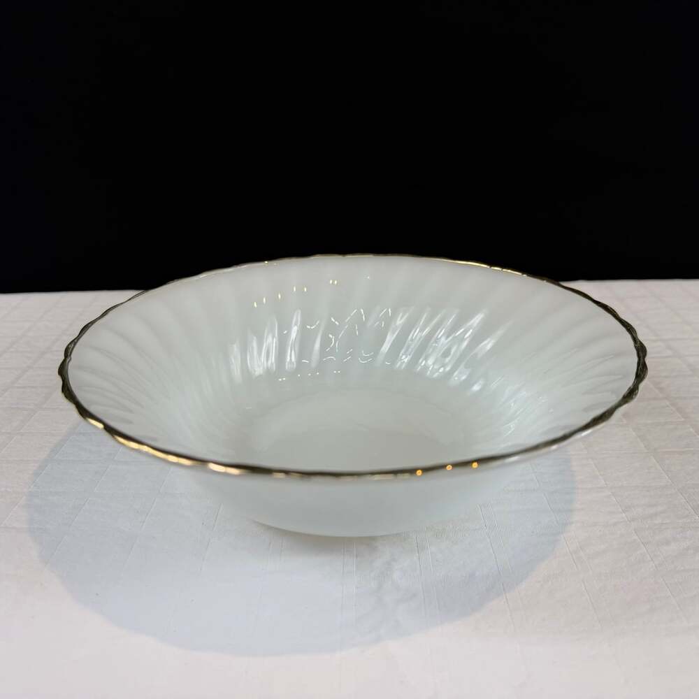 Anchor Hocking White Milk Glass Swirl Bowl w/ Gold Trim 8.5"